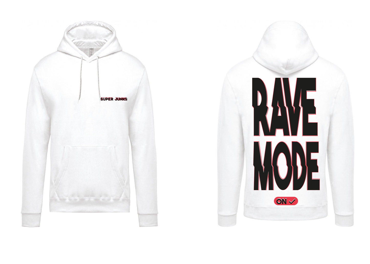RAVE MODE NEON RED FLUO I BLACK ON WHITE HOODIE