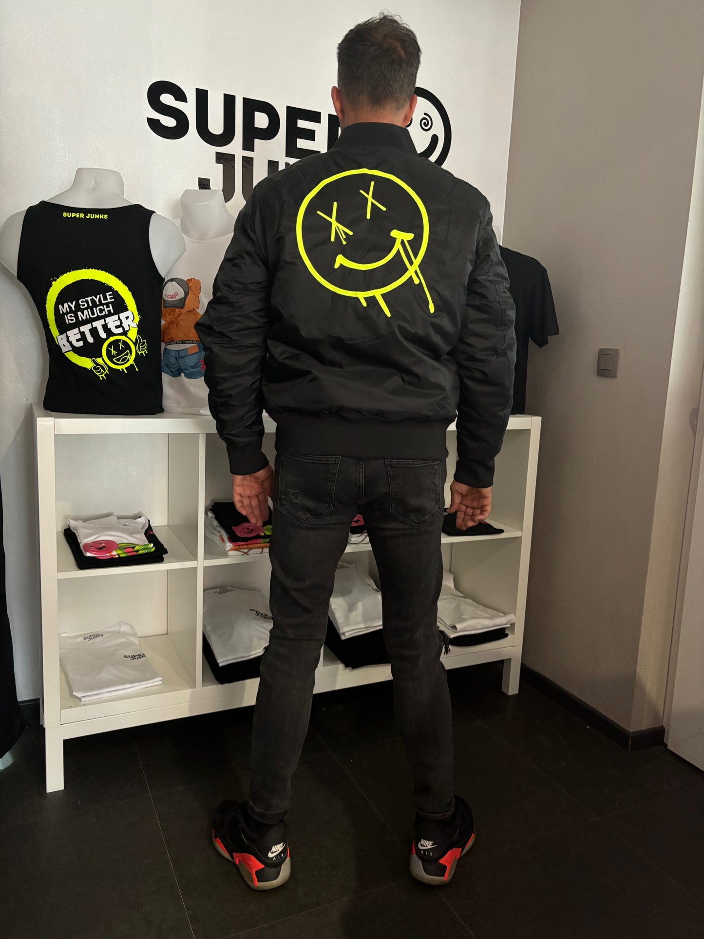 BOMBER JACKET yellow big smiley on back (embroidered)