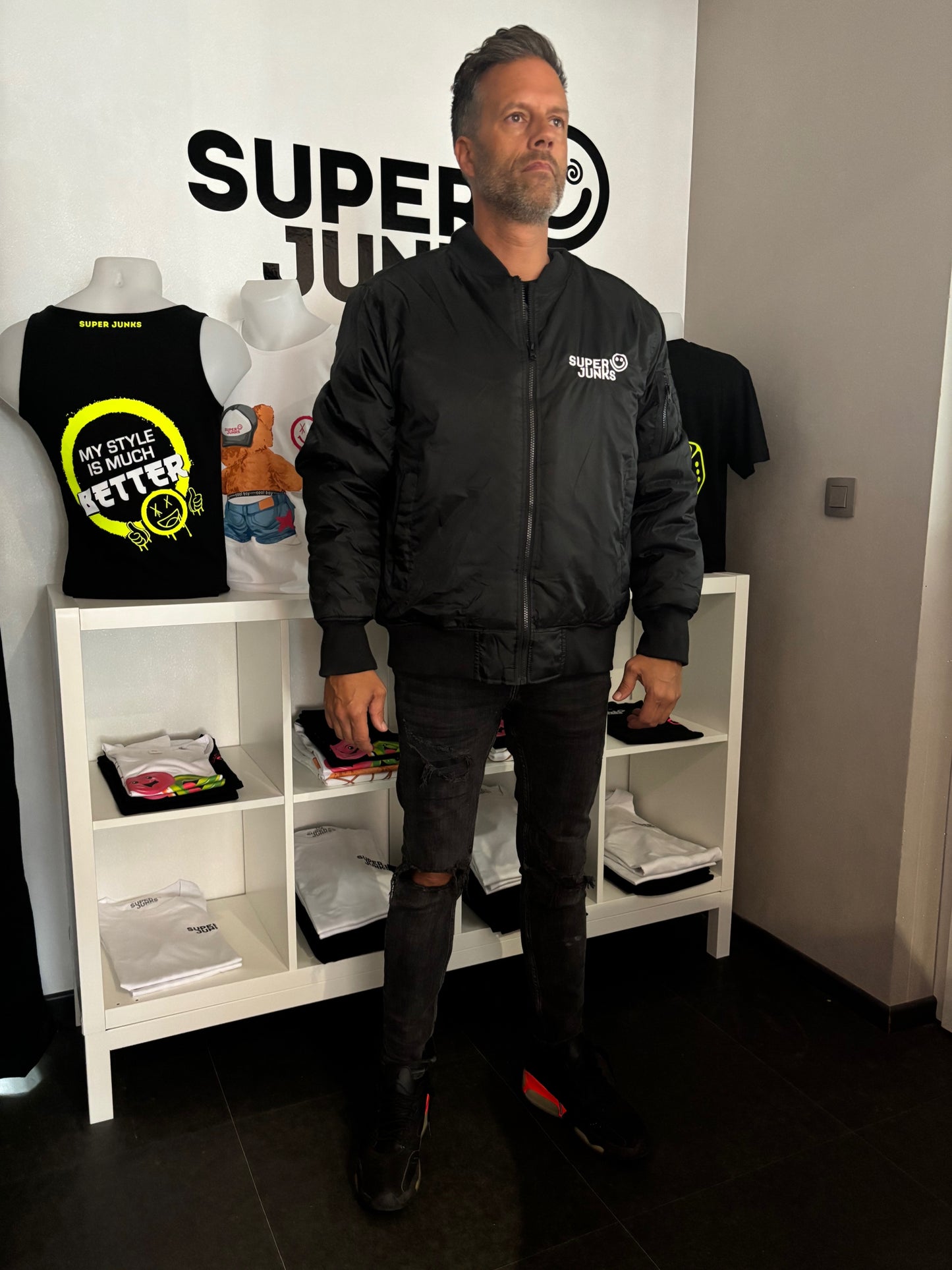 BOMBER JACKET white big smiley on back (embroidered)