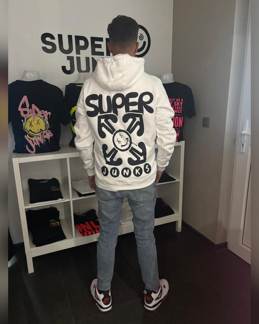 BIG X-SMILEY ARROW BLACK ON WHITE HOODIE