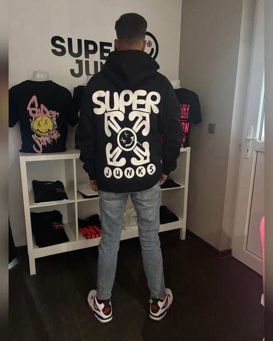 BIG X-SMILEY ARROW WHITE ON BLACK HOODIE
