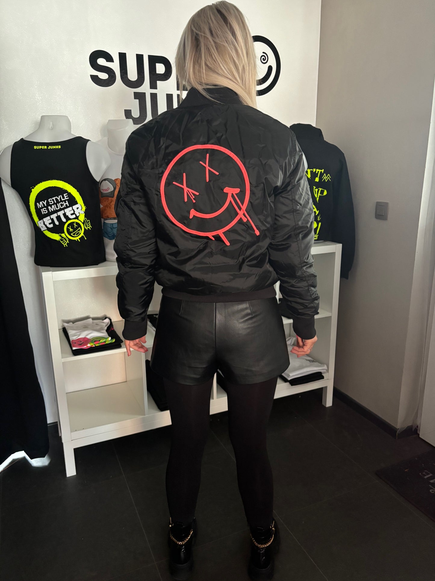 BOMBER JACKET pink fluo big smiley on back (embroidered)